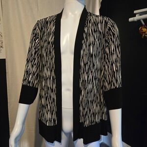 Chicos Travelers Black White Abstract Open Front Cardigan Jacket Size 3 (16/18)